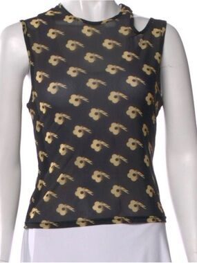 Sandy Liang Black Mesh Floral-Print Sleeveless Tank